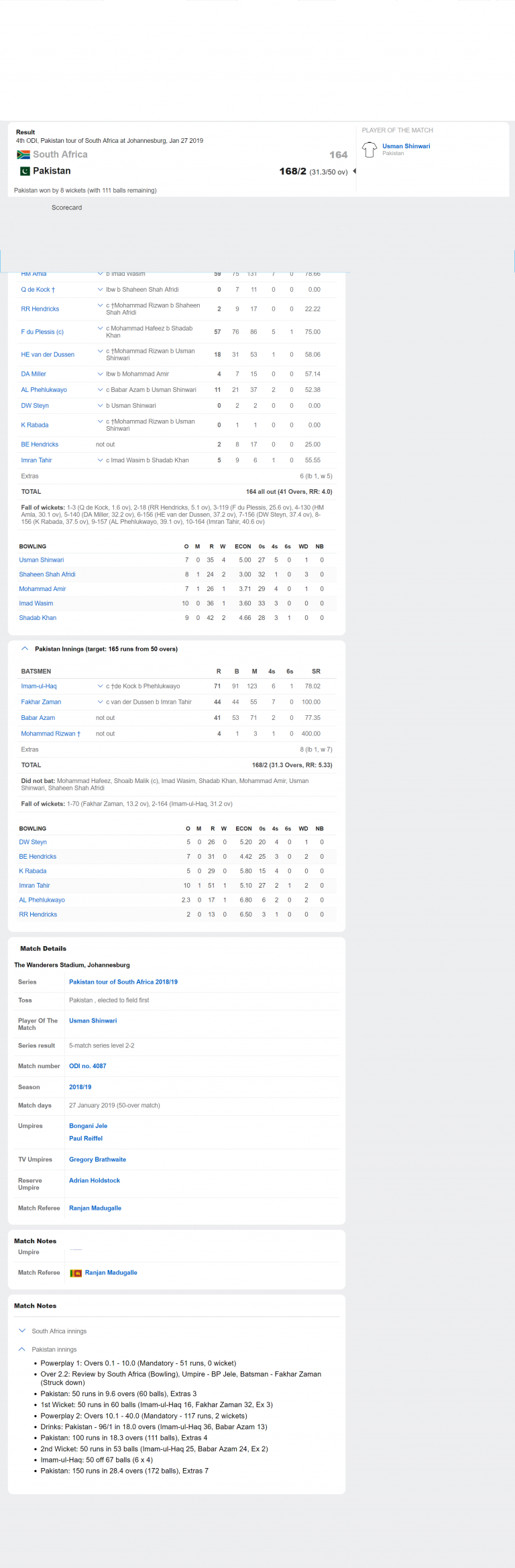 Pak Vs SA 4th One Day Live Scoreboard Result 2023 27 January
