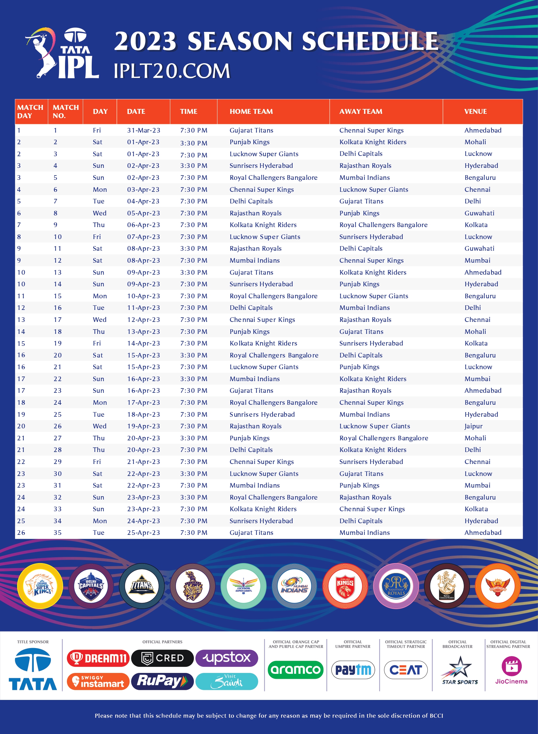 IPL 2023 Schedule Time Table PDF File Free Download