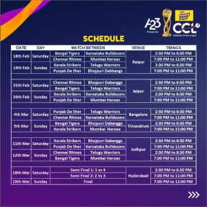 Celebrity Cricket League 2023 Schedule, Time Table