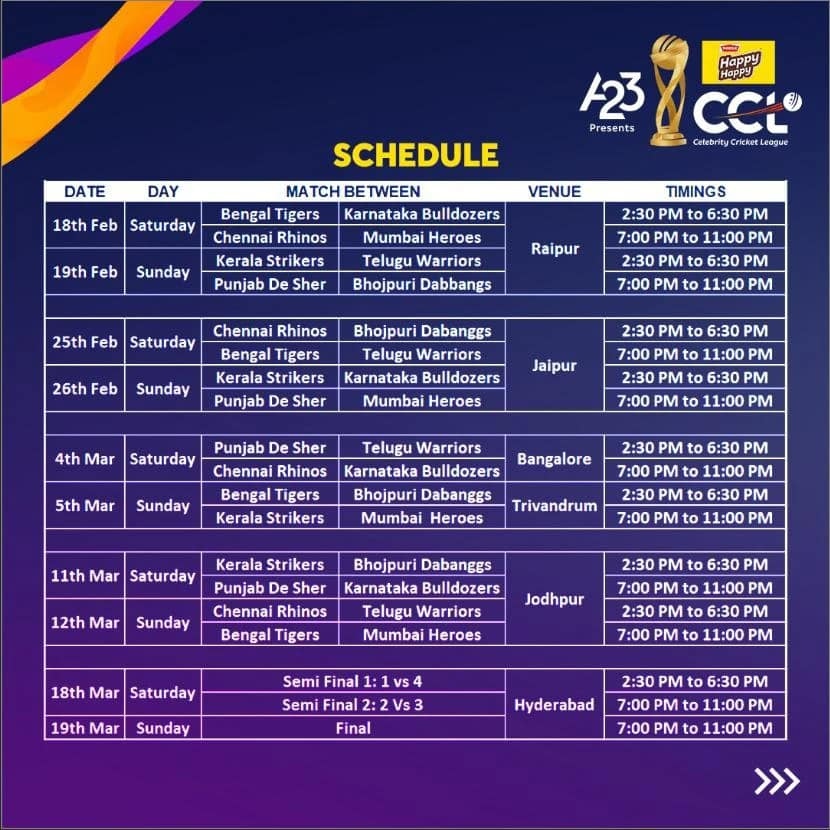 Celebrity Cricket League 2023 Schedule, Time Table