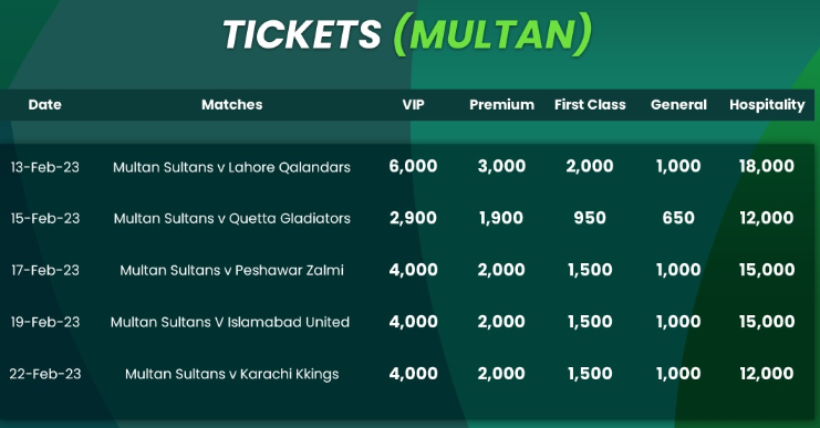PSL Multan Tickets Price 2023